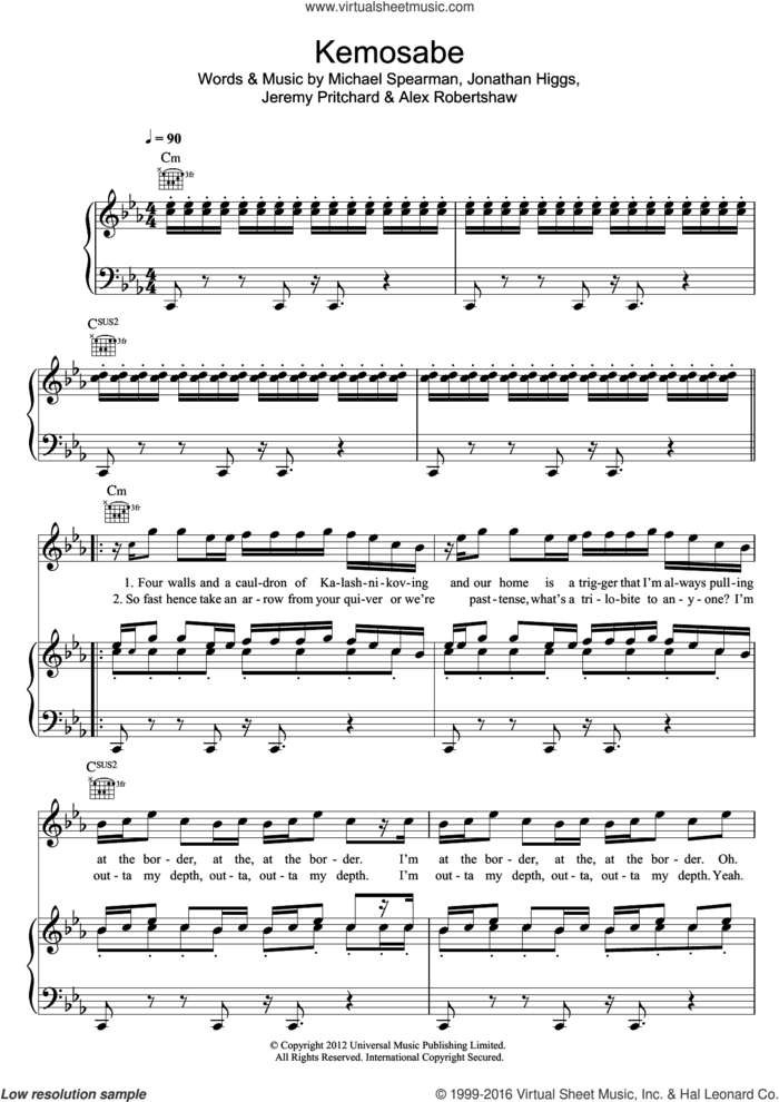 Kemosabe sheet music for voice, piano or guitar by Everything Everything, Alex Robertshaw, Jeremy Pritchard, Jonathan Higgs and Michael Spearman, intermediate skill level