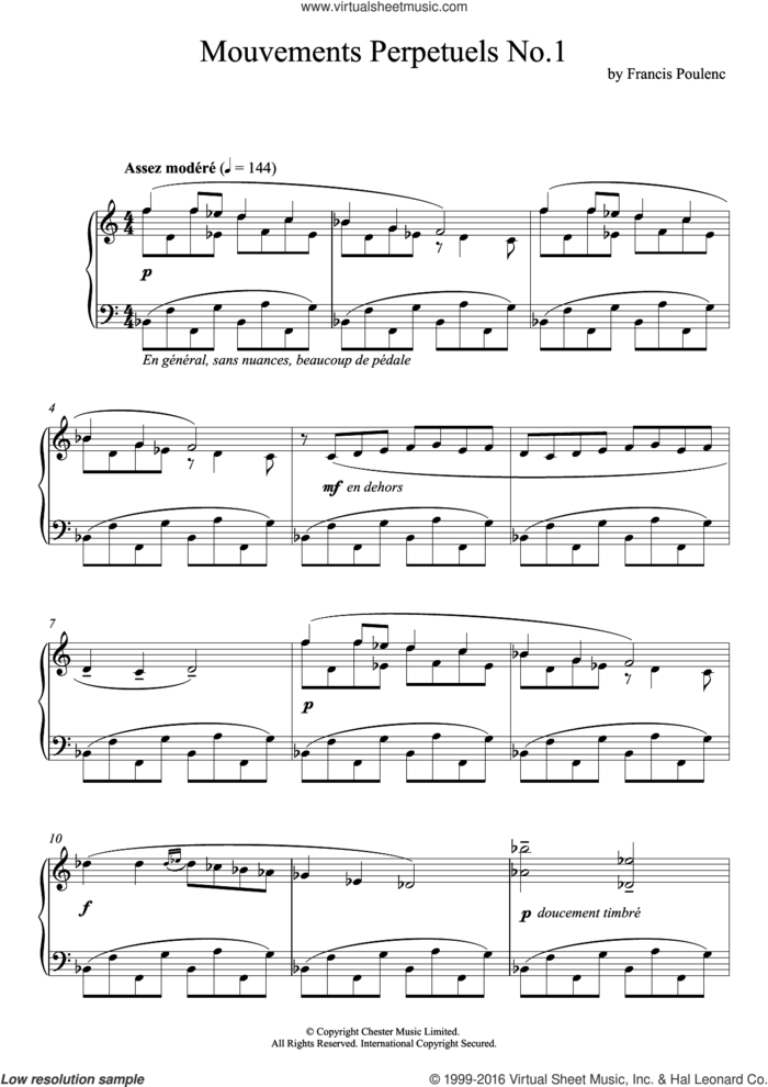 Mouvement Perpetuel No. 1 sheet music for piano solo by Francis Poulenc, intermediate skill level