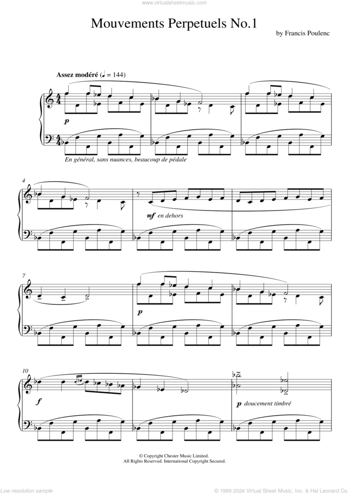 Mouvement Perpetuel No. 1 sheet music for piano solo by Francis Poulenc, intermediate skill level