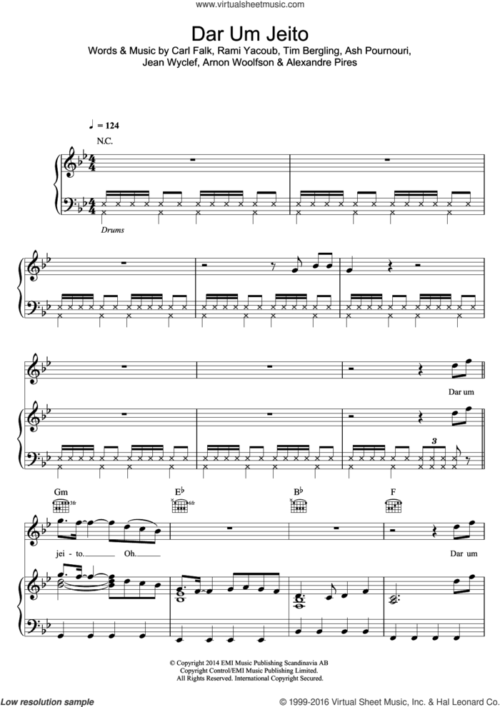 Dar Um Jeito (We Will Find A Way) sheet music for voice, piano or guitar by Carlos Santana, Avicii, Wyclef Jean, Alexandre Pires, Arnon Woolfson, Ash Pournouri, Carl Falk, Rami and Tim Bergling, intermediate skill level