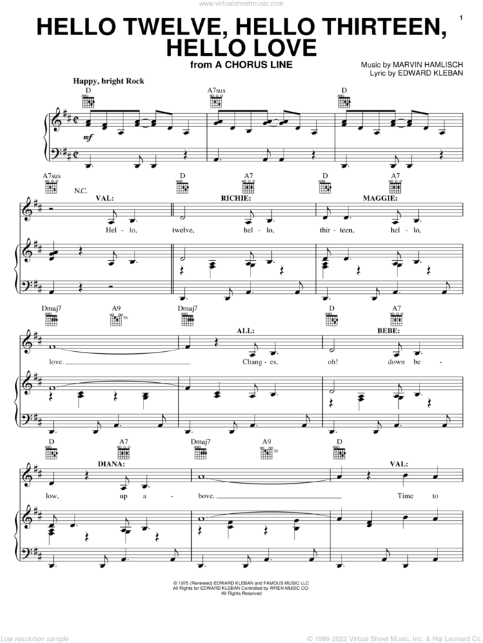 Hello Twelve, Hello Thirteen, Hello Love sheet music for voice, piano or guitar by Marvin Hamlisch, A Chorus Line (Musical) and Edward Kleban, intermediate skill level