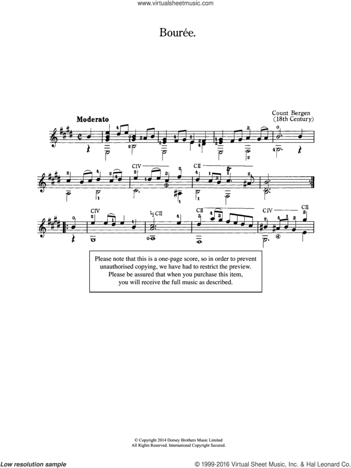 Bouree sheet music for guitar solo (chords) by Count Bergen, classical score, easy guitar (chords)