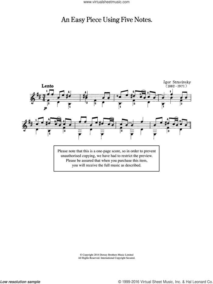 An Easy Piece Using Five Notes sheet music for guitar solo (chords) by Igor Stravinsky, classical score, easy guitar (chords)