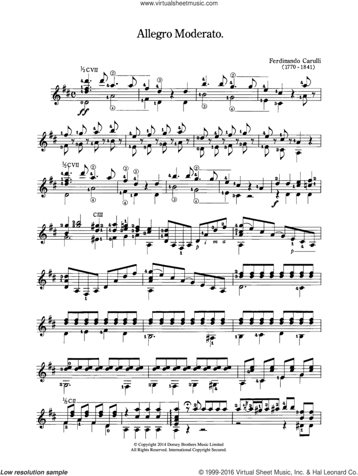 Allegro Moderato sheet music for guitar solo (chords) by Ferdinando Carulli, classical score, easy guitar (chords)