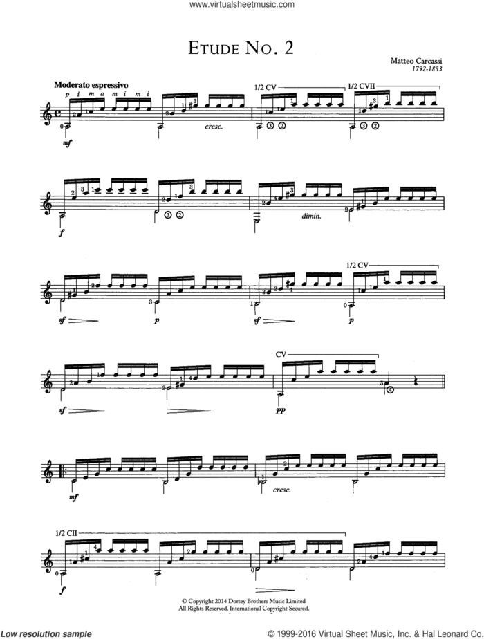 Etude No.2 sheet music for guitar solo (chords) by Matteo Carcassi, classical score, easy guitar (chords)