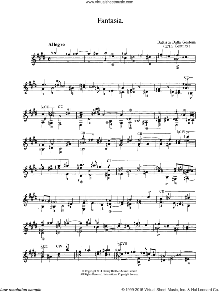 Fantasia sheet music for guitar solo (chords) by Battista Dalla Gostena, classical score, easy guitar (chords)