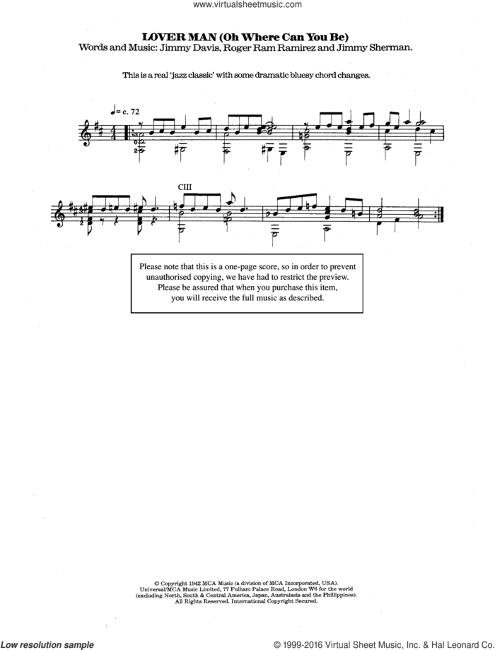 Lover Man (Oh, Where Can You Be?) sheet music for guitar solo (chords) by Billie Holiday, Jimmie Davis, Jimmy Sherman and Roger Ramirez, classical score, easy guitar (chords)