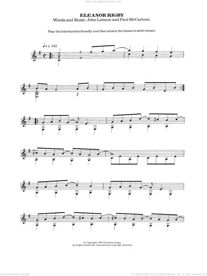 Eleanor Rigby sheet music for guitar solo (chords) by The Beatles, John Lennon and Paul McCartney, classical score, easy guitar (chords)