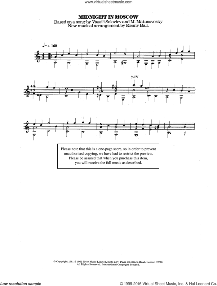 Midnight In Moscow sheet music for guitar solo (chords) by Kenny Ball and Vasilij Solovev-Sedoj, classical score, easy guitar (chords)