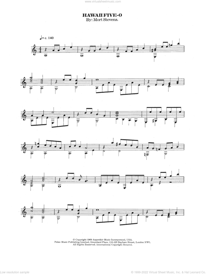 Hawaii Five-O sheet music for guitar solo (chords) by The Ventures and Mort Stevens, classical score, easy guitar (chords)