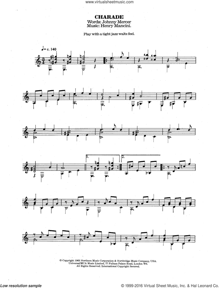 Charade sheet music for guitar solo (chords) by Henry Mancini and Johnny Mercer, easy guitar (chords)