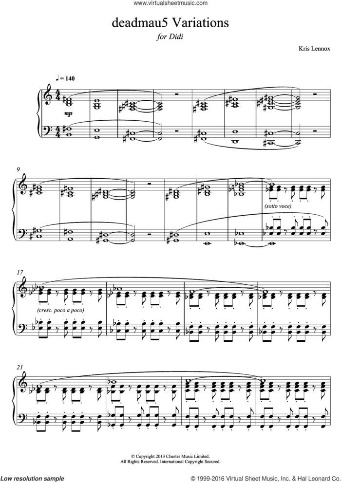 Deadmau5 Variations sheet music for piano solo by Kris Lennox, classical score, intermediate skill level