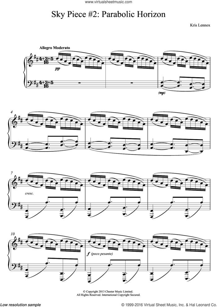 Sky Piece #2 - Parabolic Horizon sheet music for piano solo by Kris Lennox, classical score, intermediate skill level