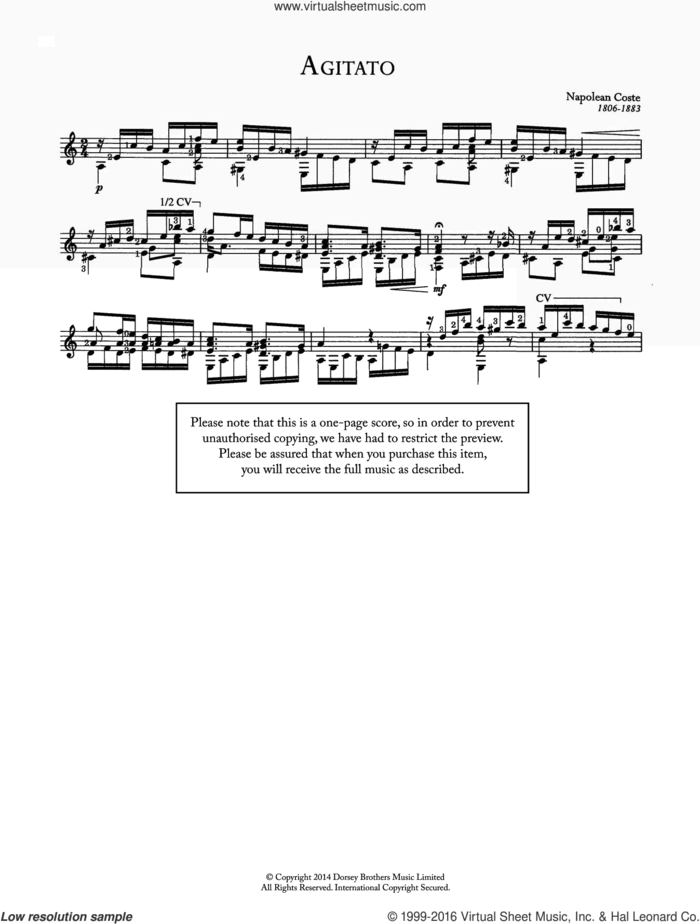 Agitato sheet music for guitar solo (chords) by Napoleon Coste, classical score, easy guitar (chords)