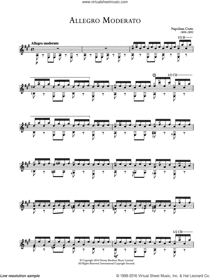 Allegro Moderato sheet music for guitar solo (chords) by Napoleon Coste, classical score, easy guitar (chords)