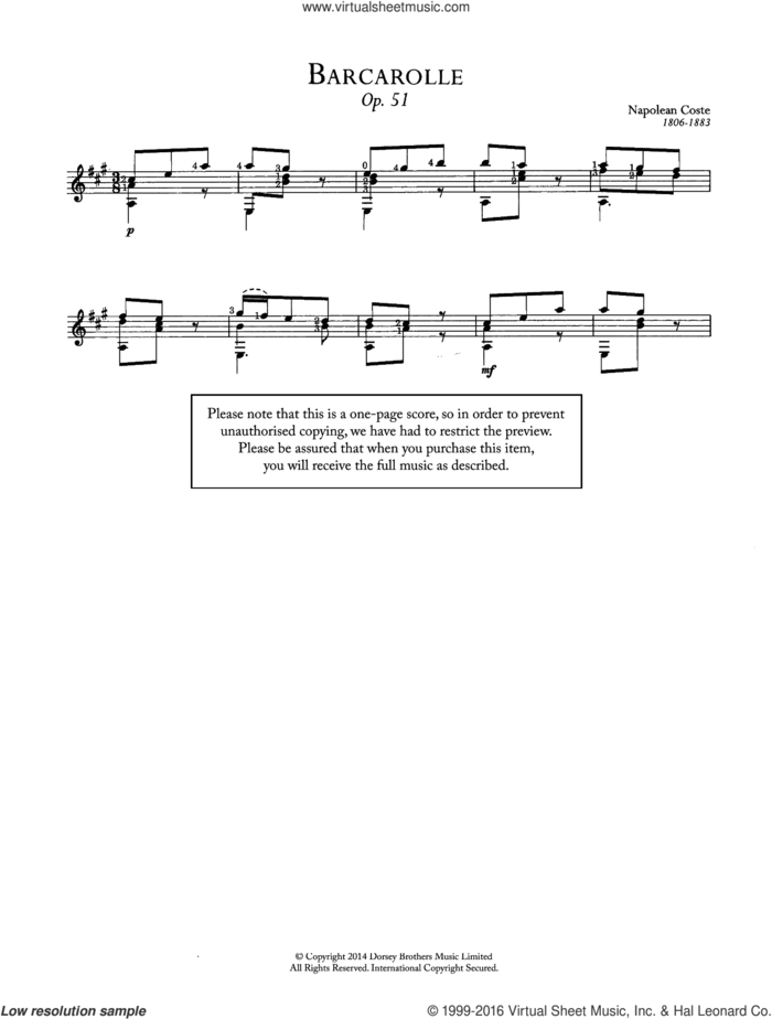 Barcarolle, Op.51 sheet music for guitar solo (chords) by Napoleon Coste, classical score, easy guitar (chords)