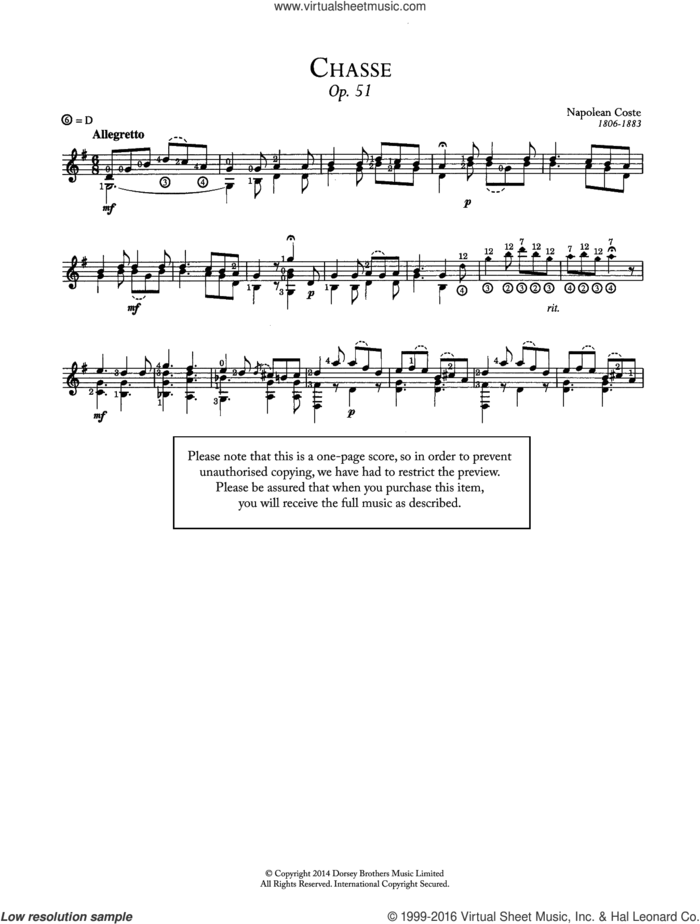 Chasse, Op.51 sheet music for guitar solo (chords) by Napoleon Coste, classical score, easy guitar (chords)