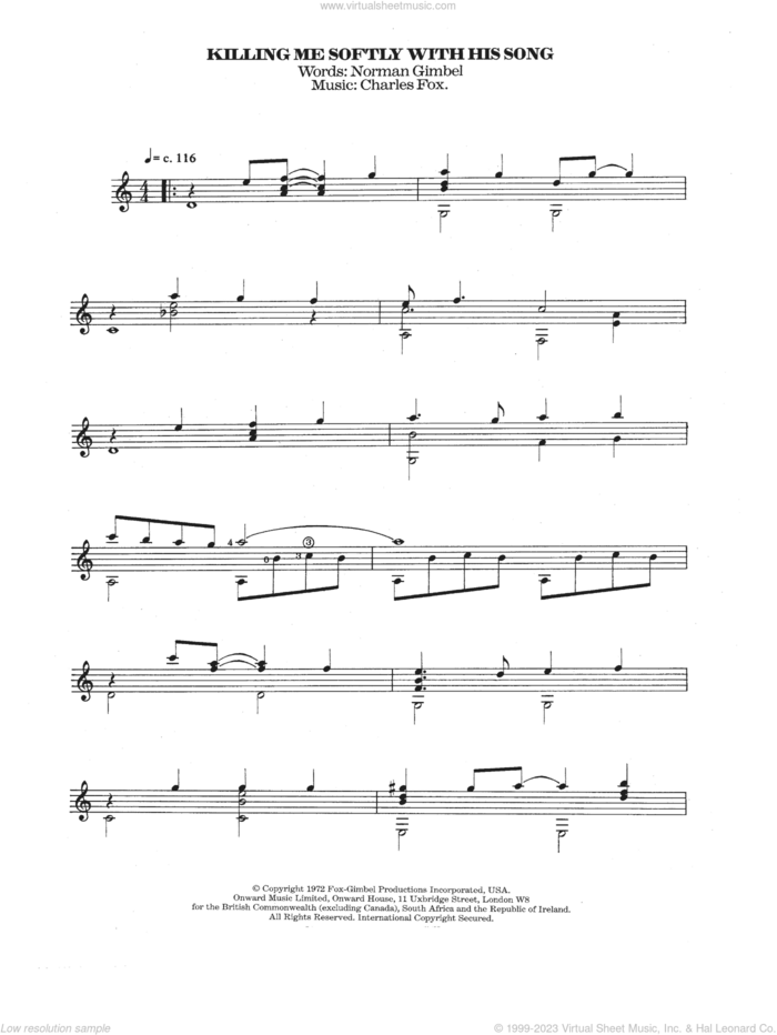 Killing Me Softly With His Song sheet music for guitar solo (chords) by Roberta Flack, The Fugees, Charles Fox and Norman Gimbel, classical score, easy guitar (chords)