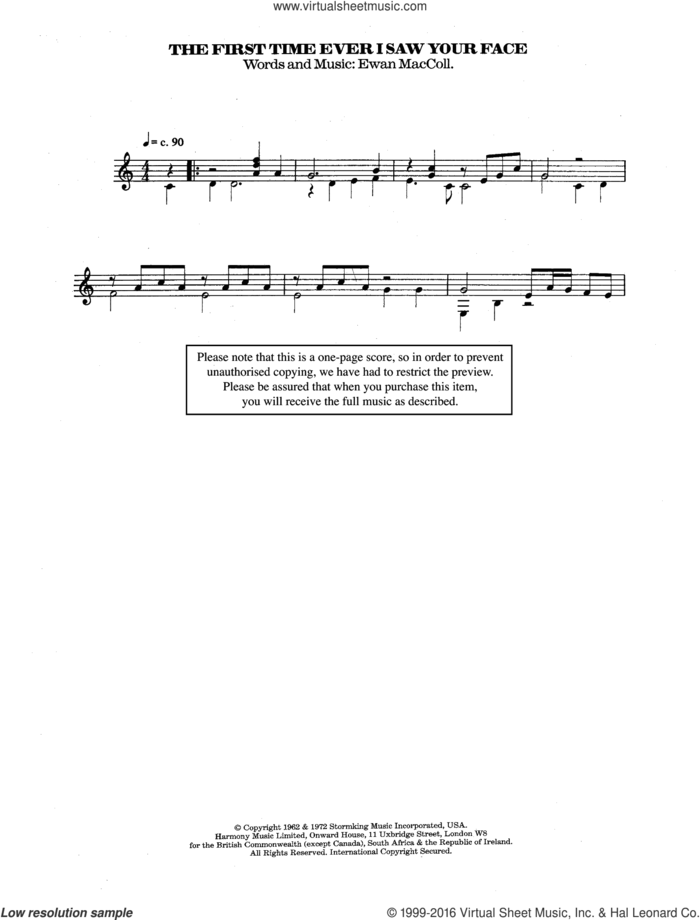 The First Time Ever I Saw Your Face sheet music for guitar solo (chords) by Roberta Flack, Alison Moyet and Ewan MacColl, classical score, easy guitar (chords)