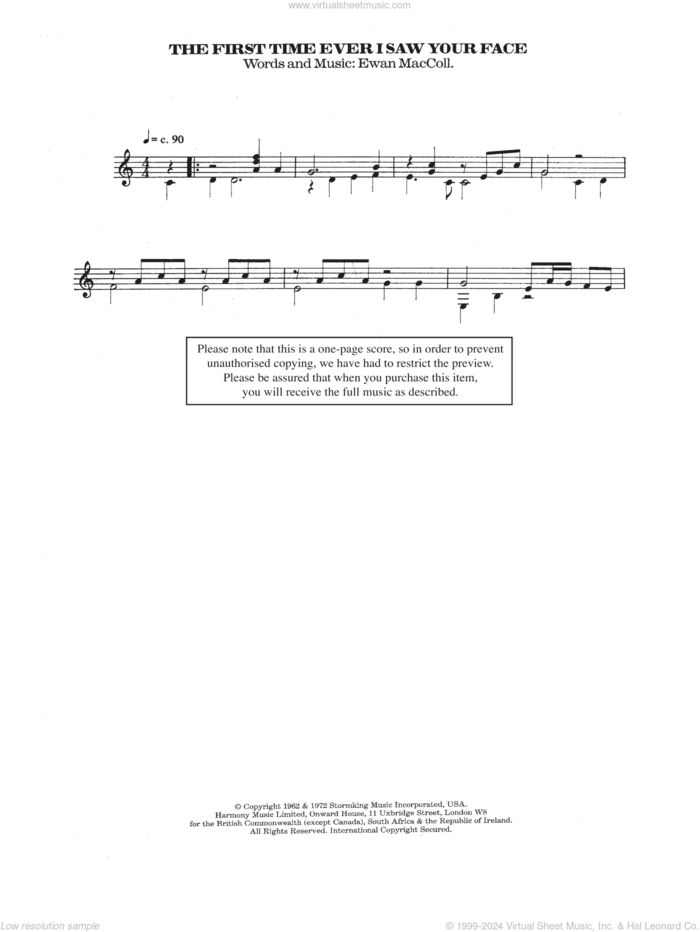 The First Time Ever I Saw Your Face sheet music for guitar solo (chords) by Roberta Flack, Alison Moyet and Ewan MacColl, classical score, easy guitar (chords)