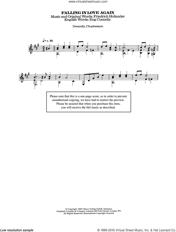 Falling In Love Again (Can't Help It) sheet music for guitar solo (chords) by Marlene Dietrich, Friedrich Hollaender and Sammy Lerner, easy guitar (chords)