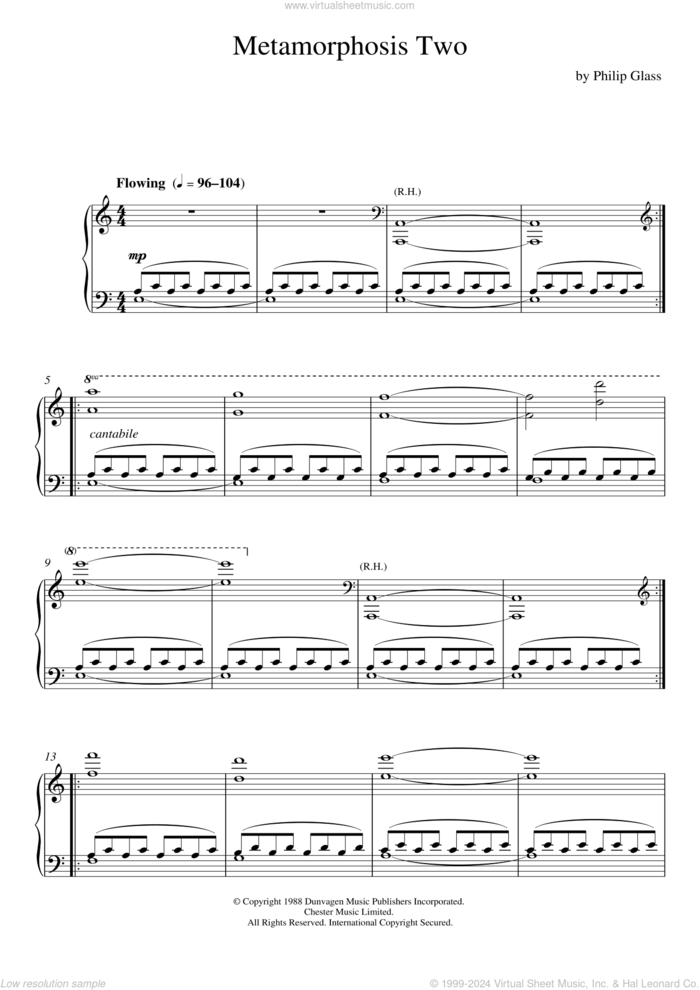 Metamorphosis Two sheet music for piano solo by Philip Glass, classical score, intermediate skill level