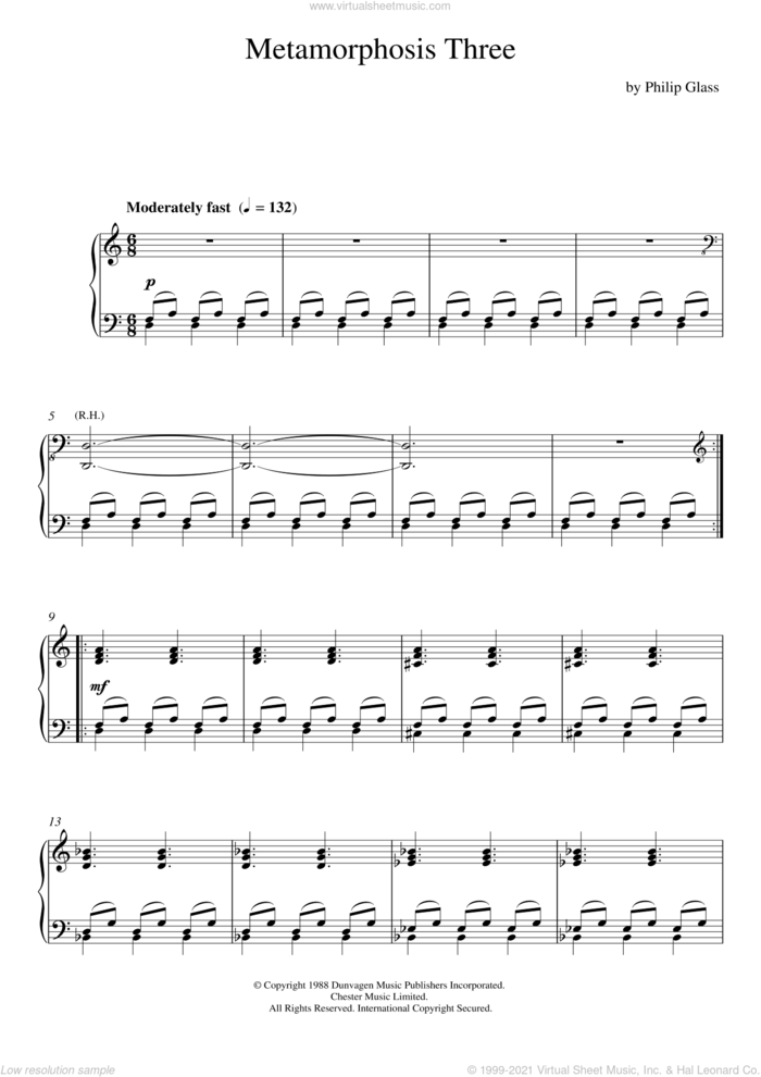 Metamorphosis Three sheet music for piano solo by Philip Glass, classical score, intermediate skill level
