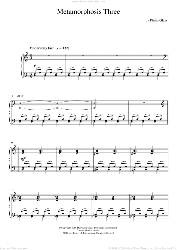 Metamorphosis Three sheet music for piano solo by Philip Glass, classical score, intermediate skill level