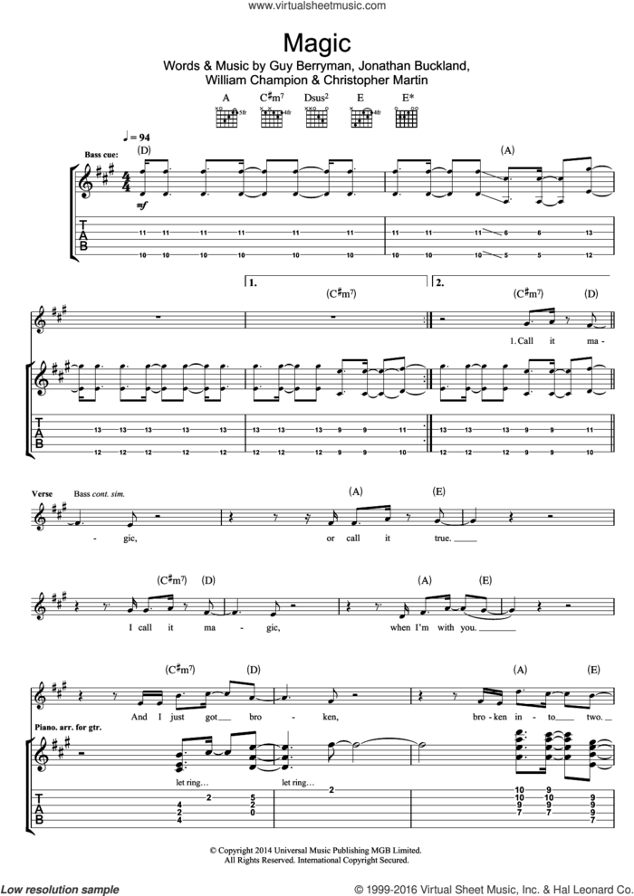 Magic sheet music for guitar (tablature) by Coldplay, Christopher Martin, Guy Berryman, Jonathan Buckland and William Champion, intermediate skill level