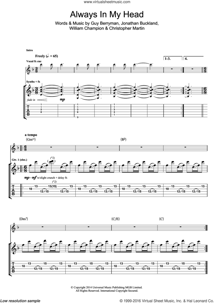 Always In My Head sheet music for guitar (tablature) by Coldplay, Christopher Martin, Guy Berryman, Jonathan Buckland and William Champion, intermediate skill level