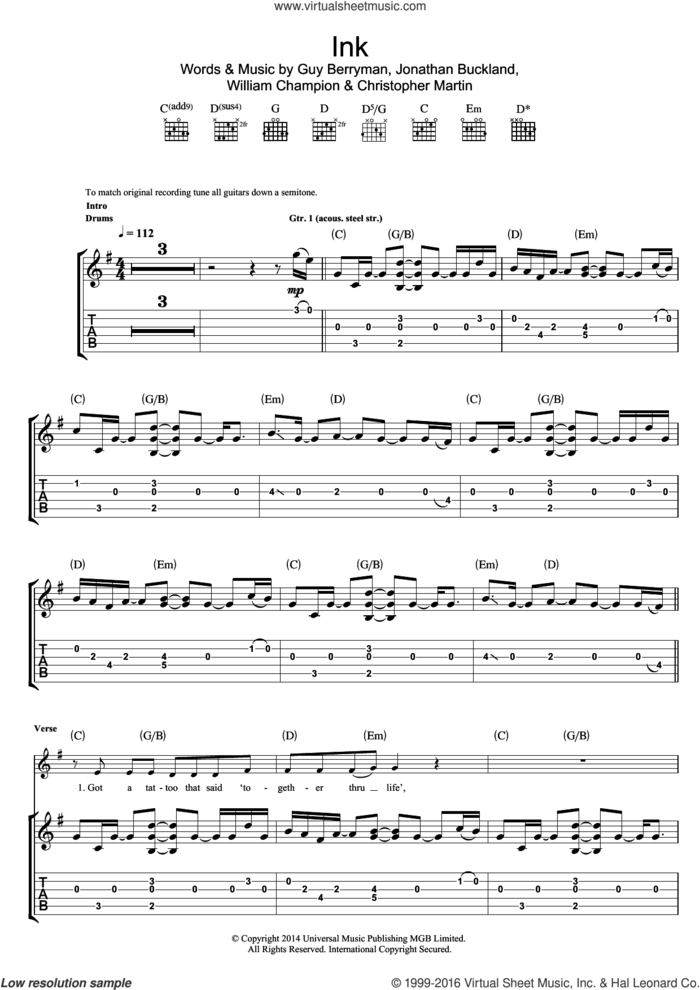 Ink sheet music for guitar (tablature) by Coldplay, Christopher Martin, Guy Berryman, Jonathan Buckland and William Champion, intermediate skill level