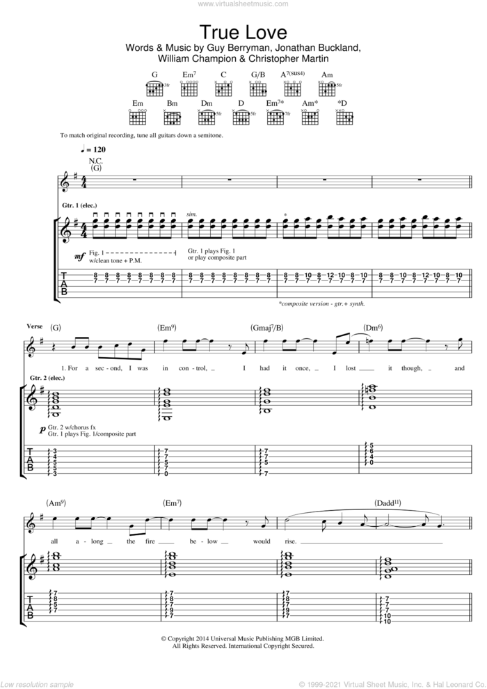 True Love sheet music for guitar (tablature) by Coldplay, Christopher Martin, Guy Berryman, Jonathan Buckland and William Champion, intermediate skill level