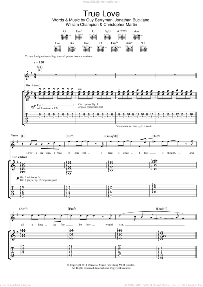 True Love sheet music for guitar (tablature) by Coldplay, Christopher Martin, Guy Berryman, Jonathan Buckland and William Champion, intermediate skill level