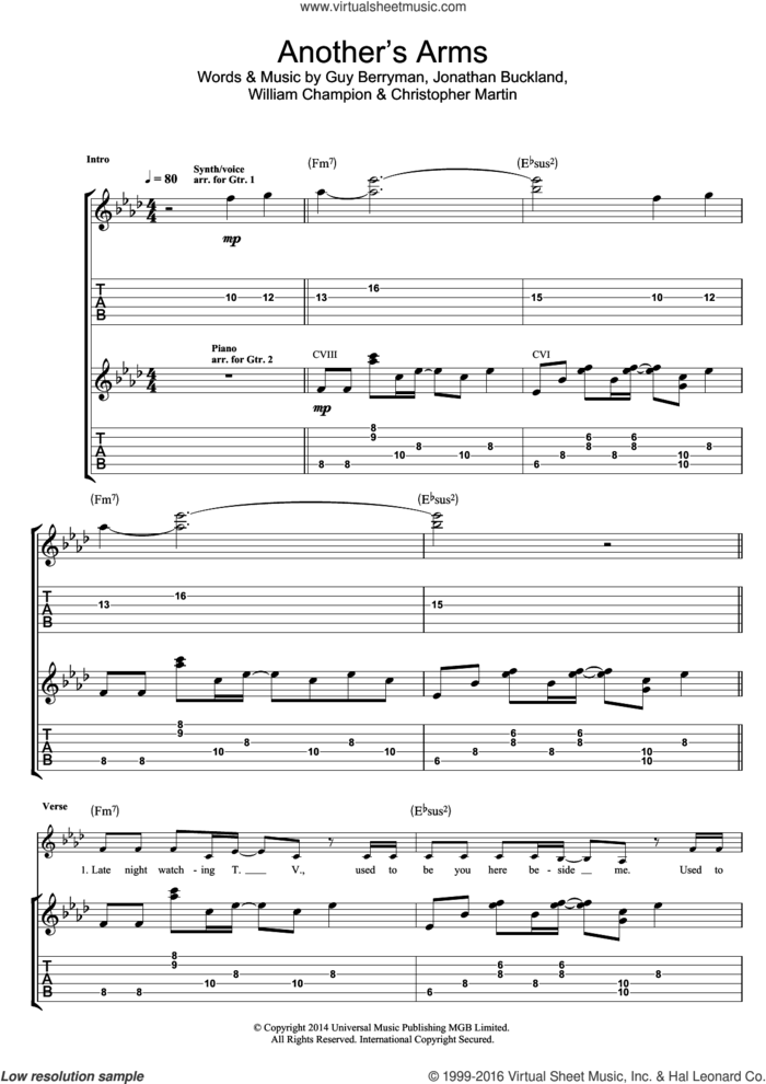 Another's Arms sheet music for guitar (tablature) by Coldplay, Christopher Martin, Guy Berryman, Jonathan Buckland and William Champion, intermediate skill level