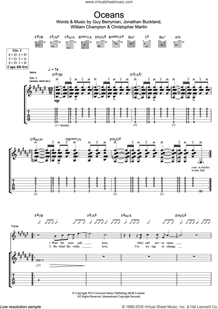 Oceans sheet music for guitar (tablature) by Coldplay, Christopher Martin, Guy Berryman, Jonathan Buckland and William Champion, intermediate skill level