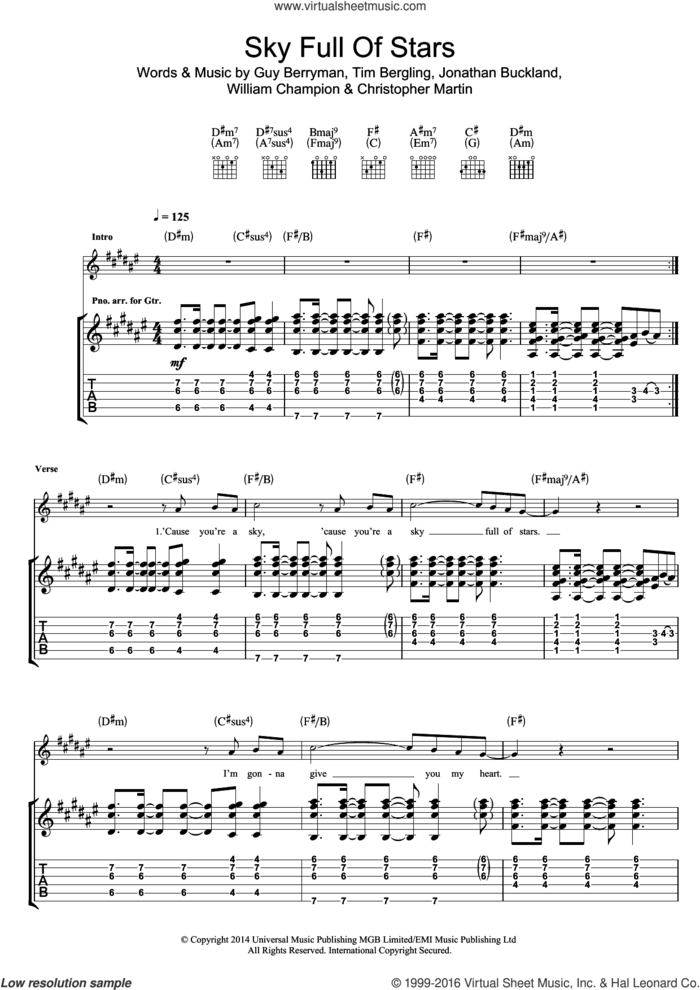 A Sky Full Of Stars sheet music for guitar (tablature) by Coldplay, Christopher Martin, Guy Berryman, Jonathan Buckland, Tim Bergling and William Champion, wedding score, intermediate skill level