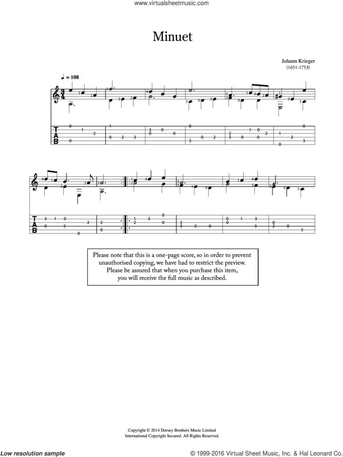 Minuet sheet music for guitar solo (chords) by Johann Philipp Krieger, classical score, easy guitar (chords)
