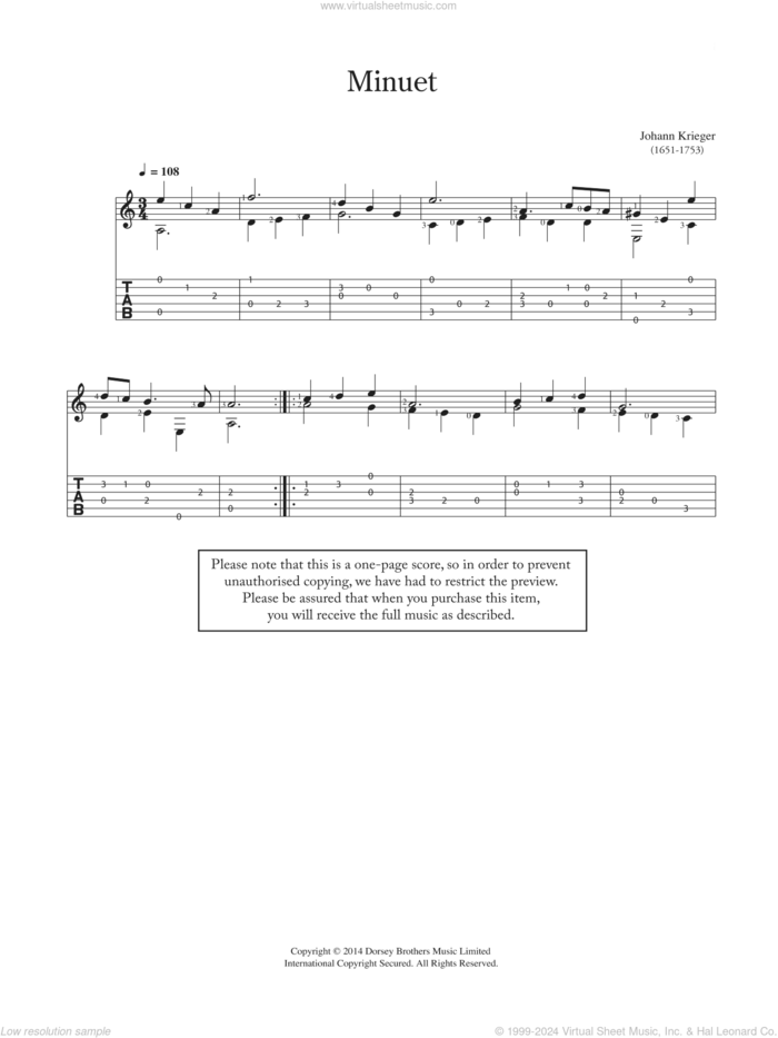 Minuet sheet music for guitar solo (chords) by Johann Philipp Krieger, classical score, easy guitar (chords)