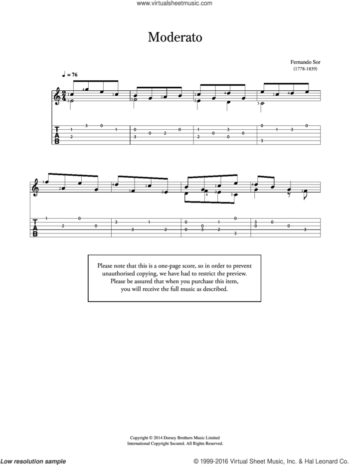 Moderato sheet music for guitar solo (chords) by Fernando Sor, classical score, easy guitar (chords)