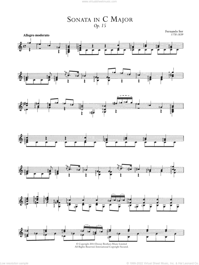 Sonata In C Major, Op.15 sheet music for guitar solo (chords) by Fernando Sor, classical score, easy guitar (chords)