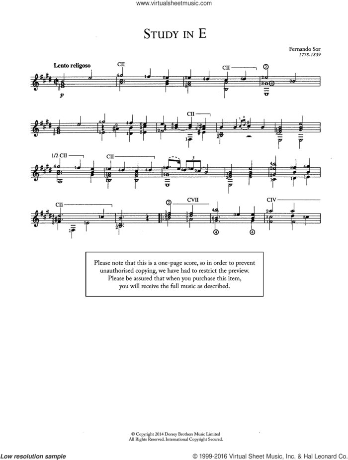 Study In E sheet music for guitar solo (chords) by Fernando Sor, classical score, easy guitar (chords)