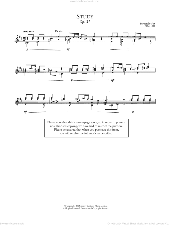 Study, Op.31 sheet music for guitar solo (chords) by Fernando Sor, classical score, easy guitar (chords)