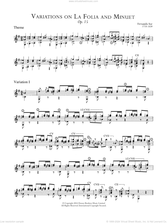 Variations On La Folia And Minuet, Op.15 sheet music for guitar solo (chords) by Fernando Sor, classical score, easy guitar (chords)