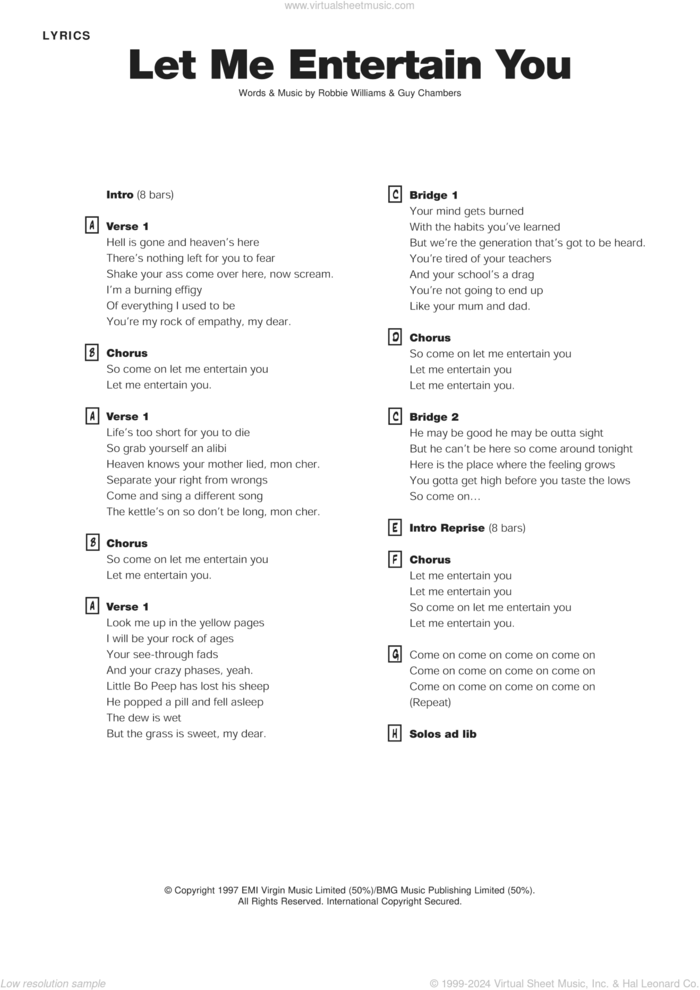 Let Me Entertain You sheet music for band (score) by Robbie Williams, Robbie Wiliams and Guy Chambers, intermediate skill level