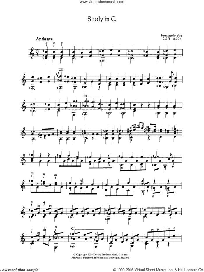 Study In C sheet music for guitar solo (chords) by Fernando Sor, classical score, easy guitar (chords)