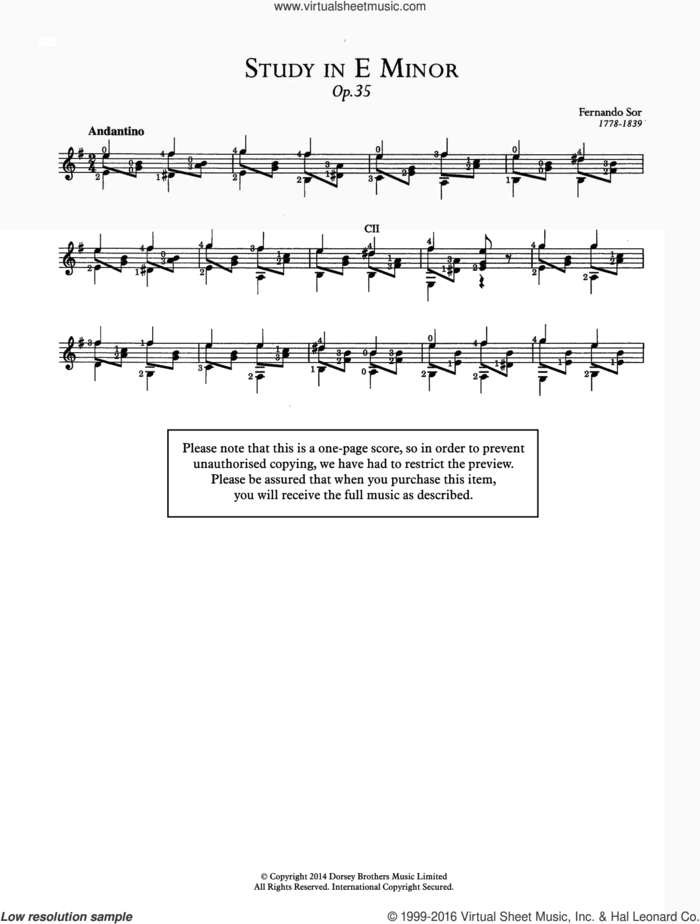Study In E Minor, Op.35 sheet music for guitar solo (chords) by Fernando Sor, classical score, easy guitar (chords)