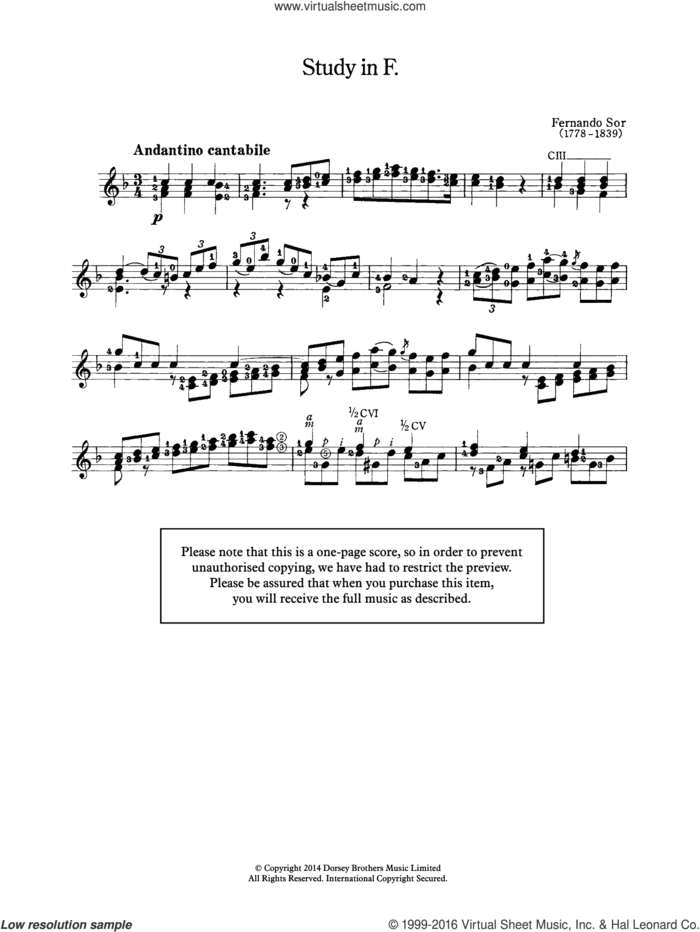 Study In F sheet music for guitar solo (chords) by Fernando Sor, classical score, easy guitar (chords)