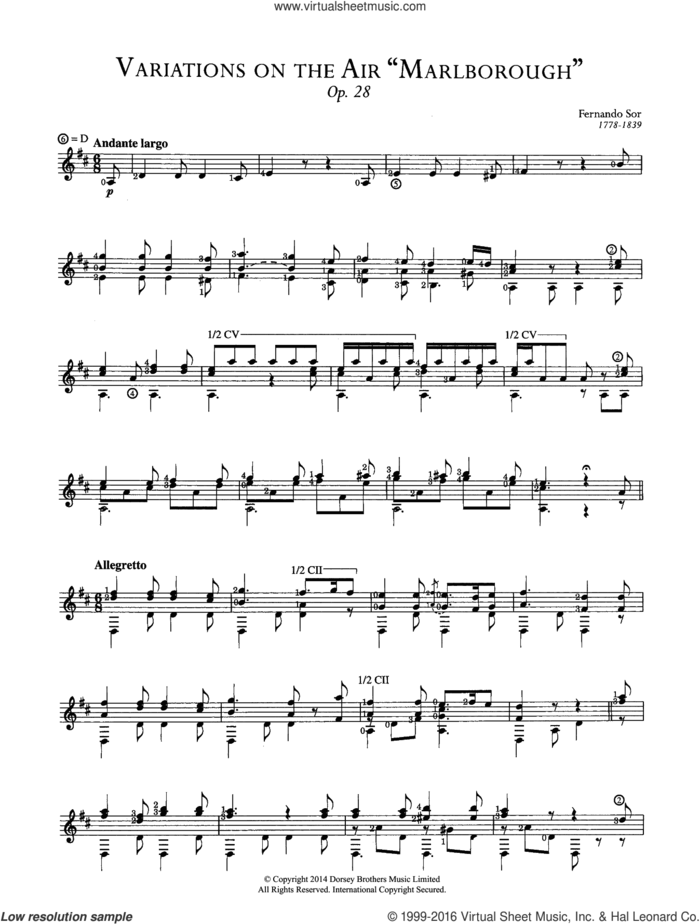 Variations On The Air 'Marlborough', Op.28 sheet music for guitar solo (chords) by Fernando Sor, classical score, easy guitar (chords)