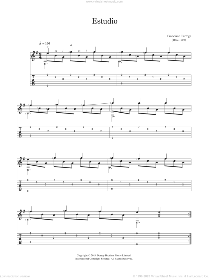 Estudio sheet music for guitar solo (chords) by Francisco Tarrega, classical score, easy guitar (chords)