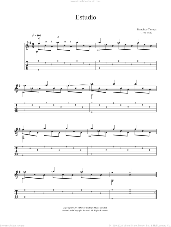 Estudio sheet music for guitar solo (chords) by Francisco Tarrega, classical score, easy guitar (chords)